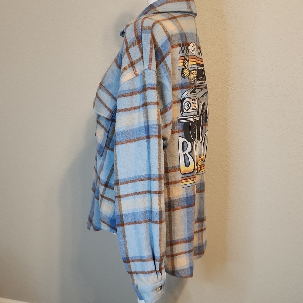 Ford Bronco Blue Brown Plaid Button Down Flannel Large - Picture 9 of 13